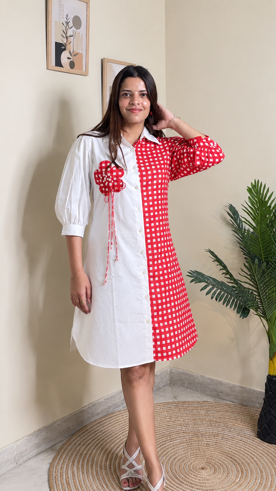 Red Gingham & White Colour-Block Shirt Dress