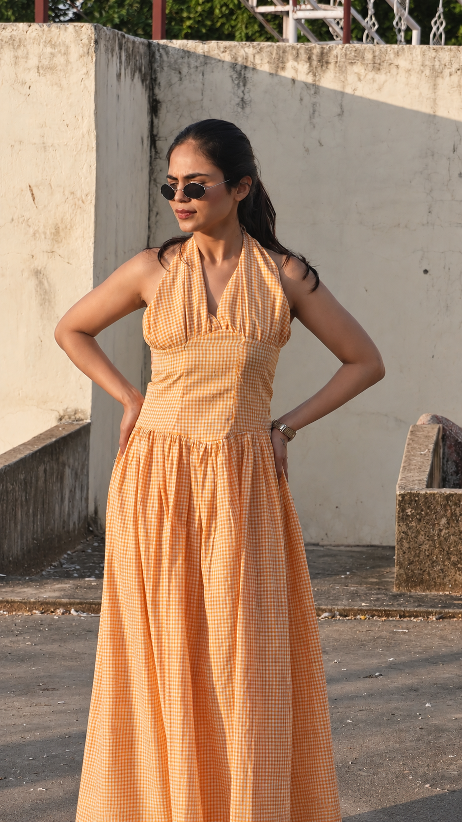 Orange Gingham Halter-Neck Lace-Up Back Maxi Dress