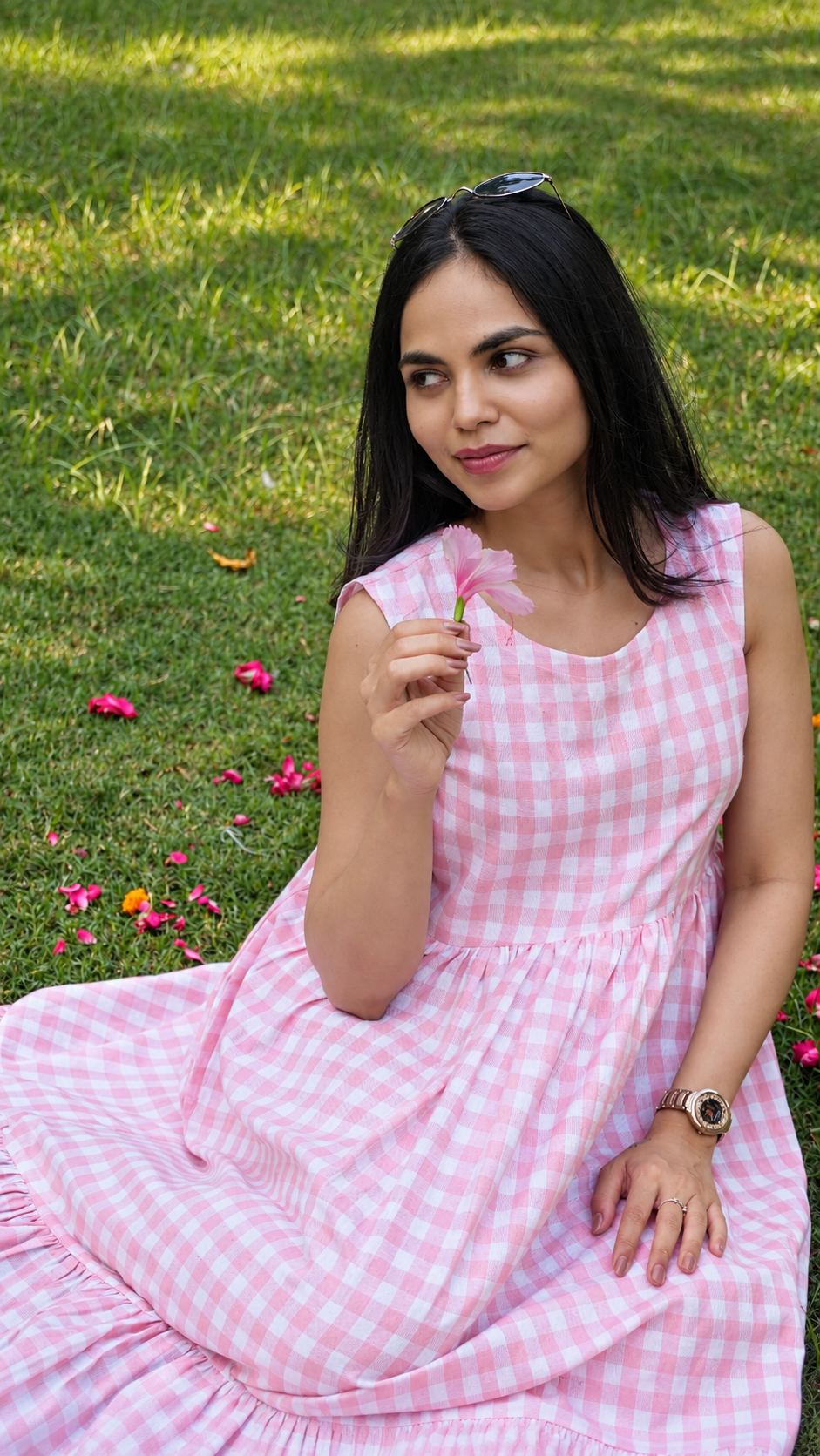 Pink Gingham Sleeveless Tiered Midi Dress