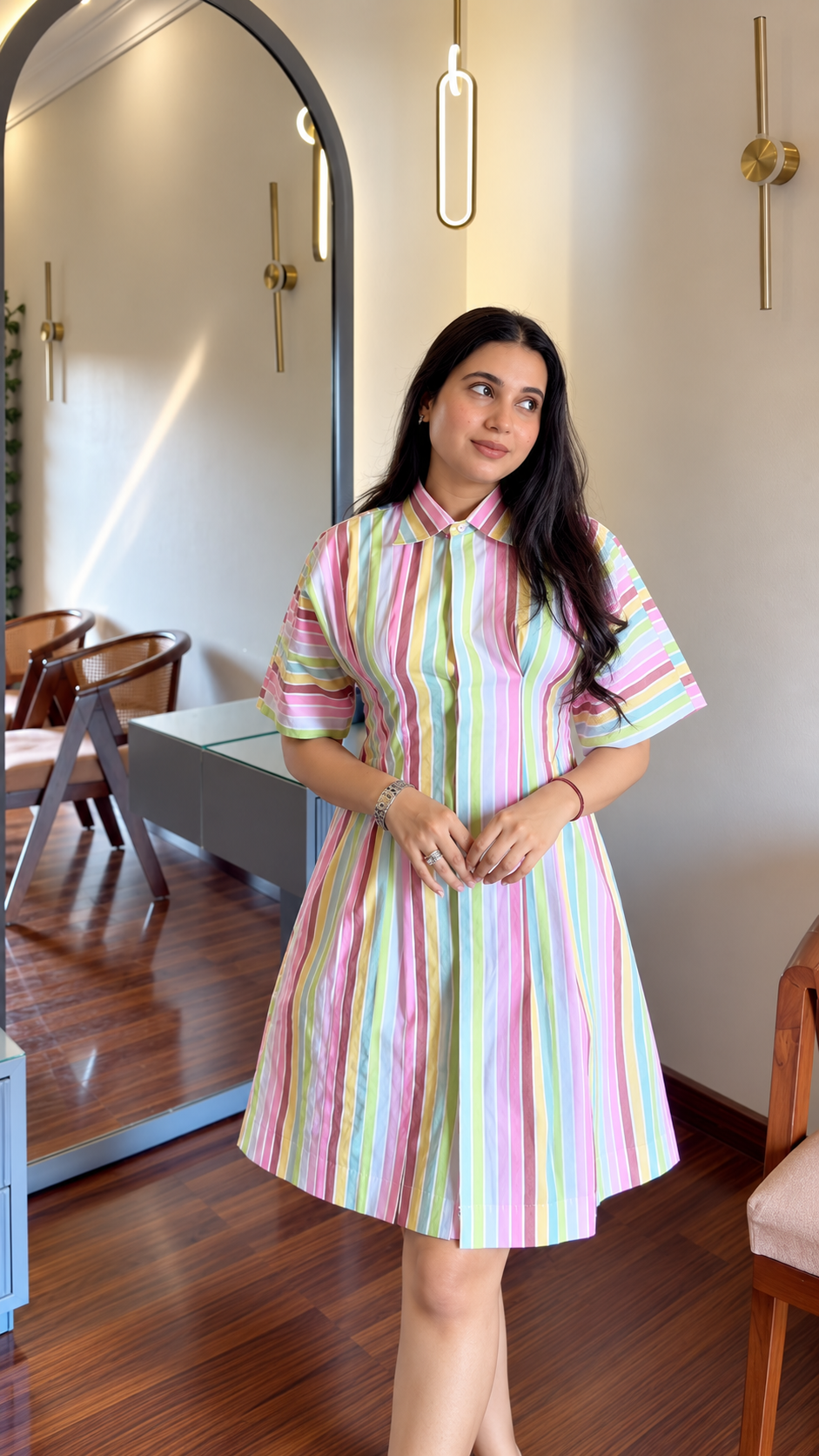 Pastel Rainbow Stripe Collared Shirt Dress