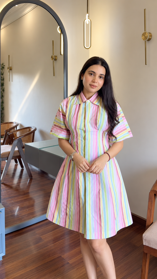 Pastel Rainbow Stripe Collared Shirt Dress
