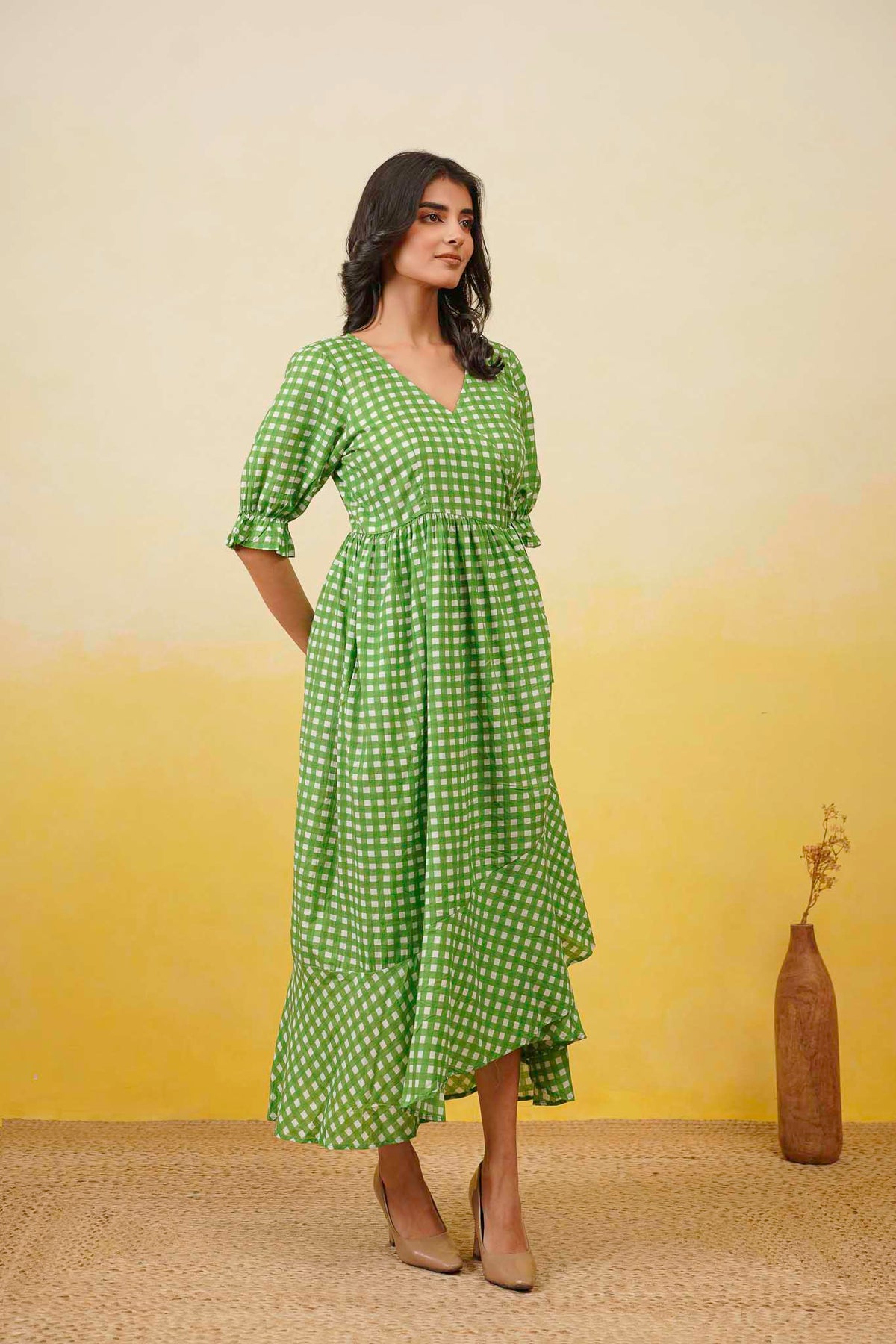 Green Gingham Layerd Dress