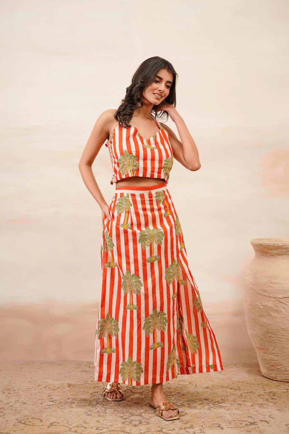 Palm Print Skirt With Crop Top