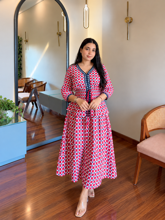 Red & Navy Check Smocked Peplum Top & Skirt Co-ord Set