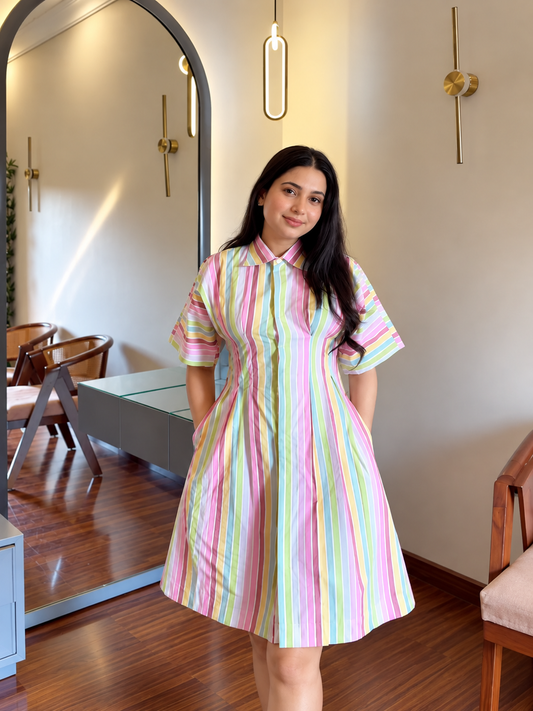 Pastel Rainbow Stripe Collared Shirt Dress