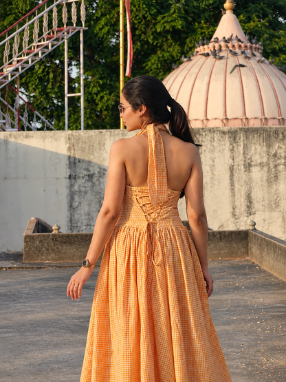 Orange Gingham Halter-Neck Lace-Up Back Maxi Dress