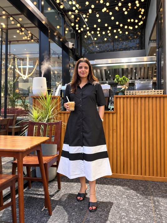 Black & White Colour-Block Collared Shirt Dress