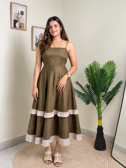 Olive Green Strappy Tiered Frill Midi Dress