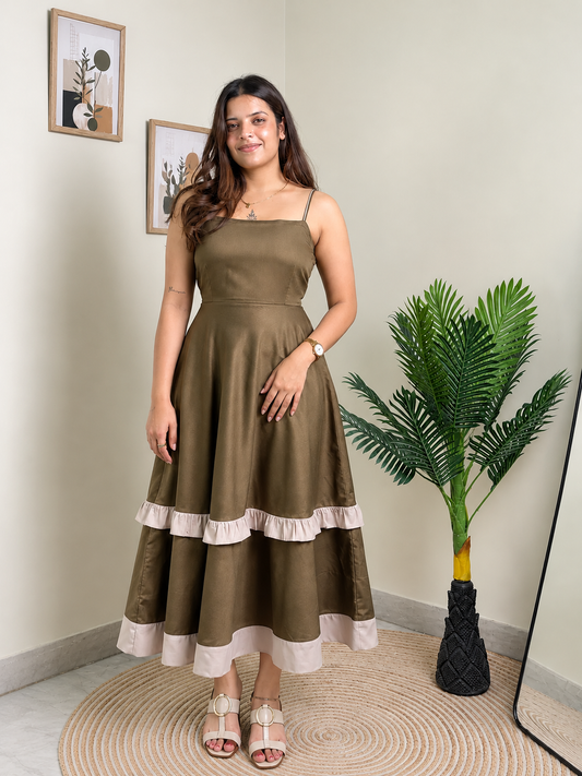 Olive Green Strappy Tiered Frill Midi Dress