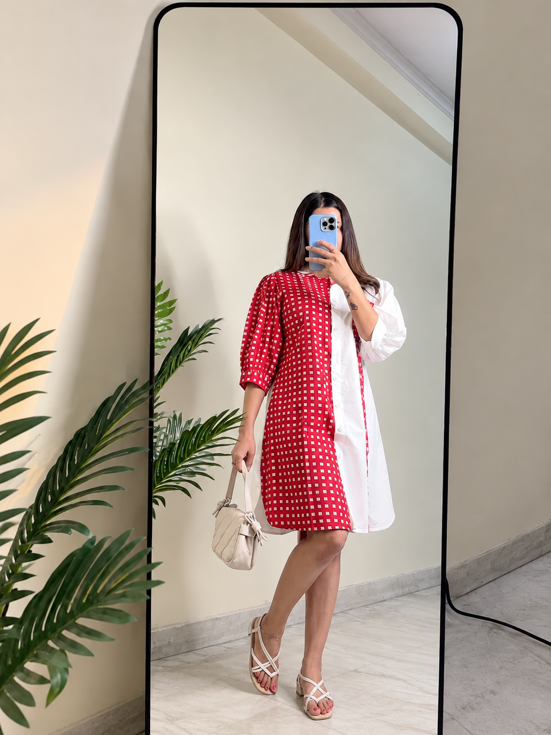 Red Gingham & White Colour-Block Shirt Dress