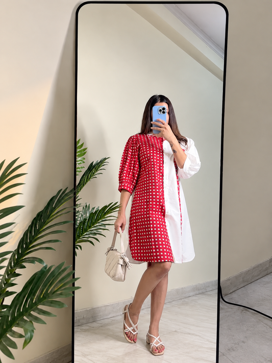 Red Gingham & White Colour-Block Shirt Dress