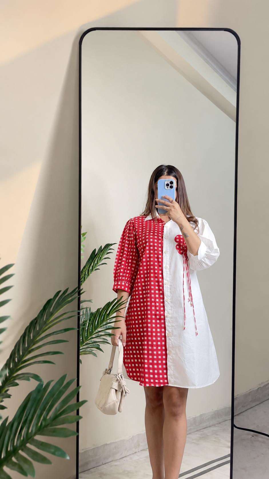 Red Gingham & White Colour-Block Shirt Dress