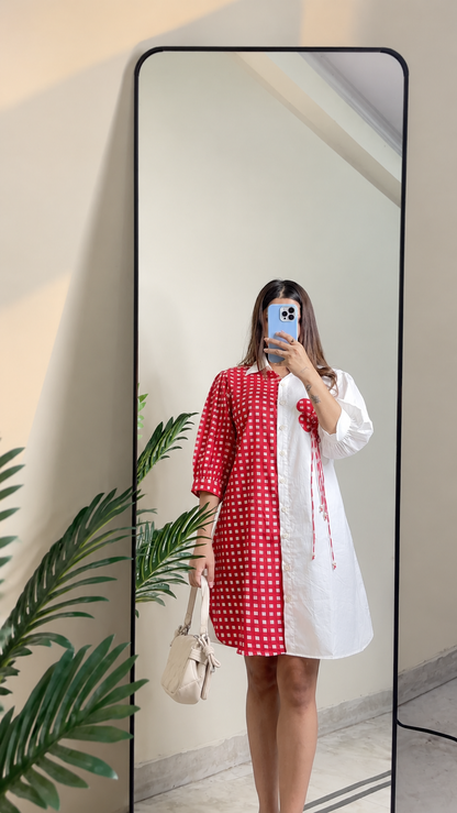 Red Gingham & White Colour-Block Shirt Dress