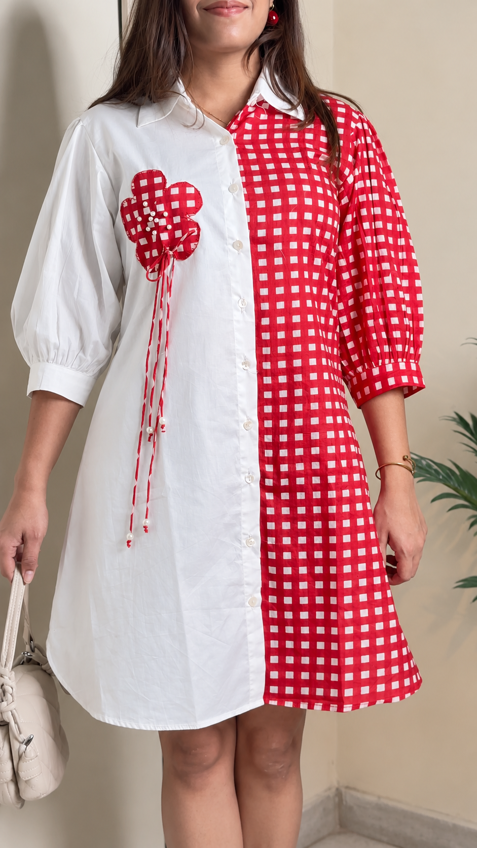 Red Gingham & White Colour-Block Shirt Dress