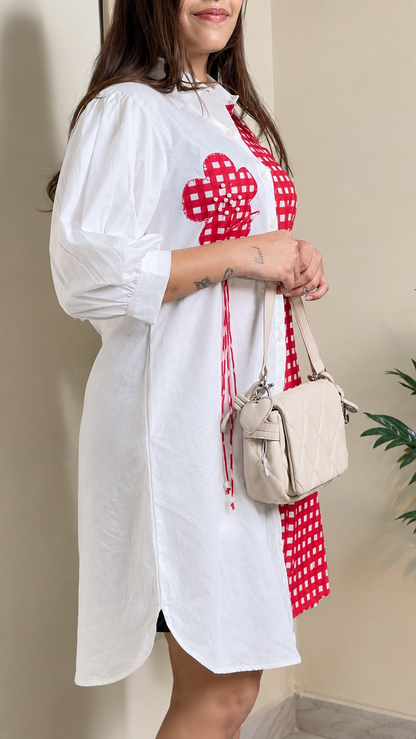 Red Gingham & White Colour-Block Shirt Dress