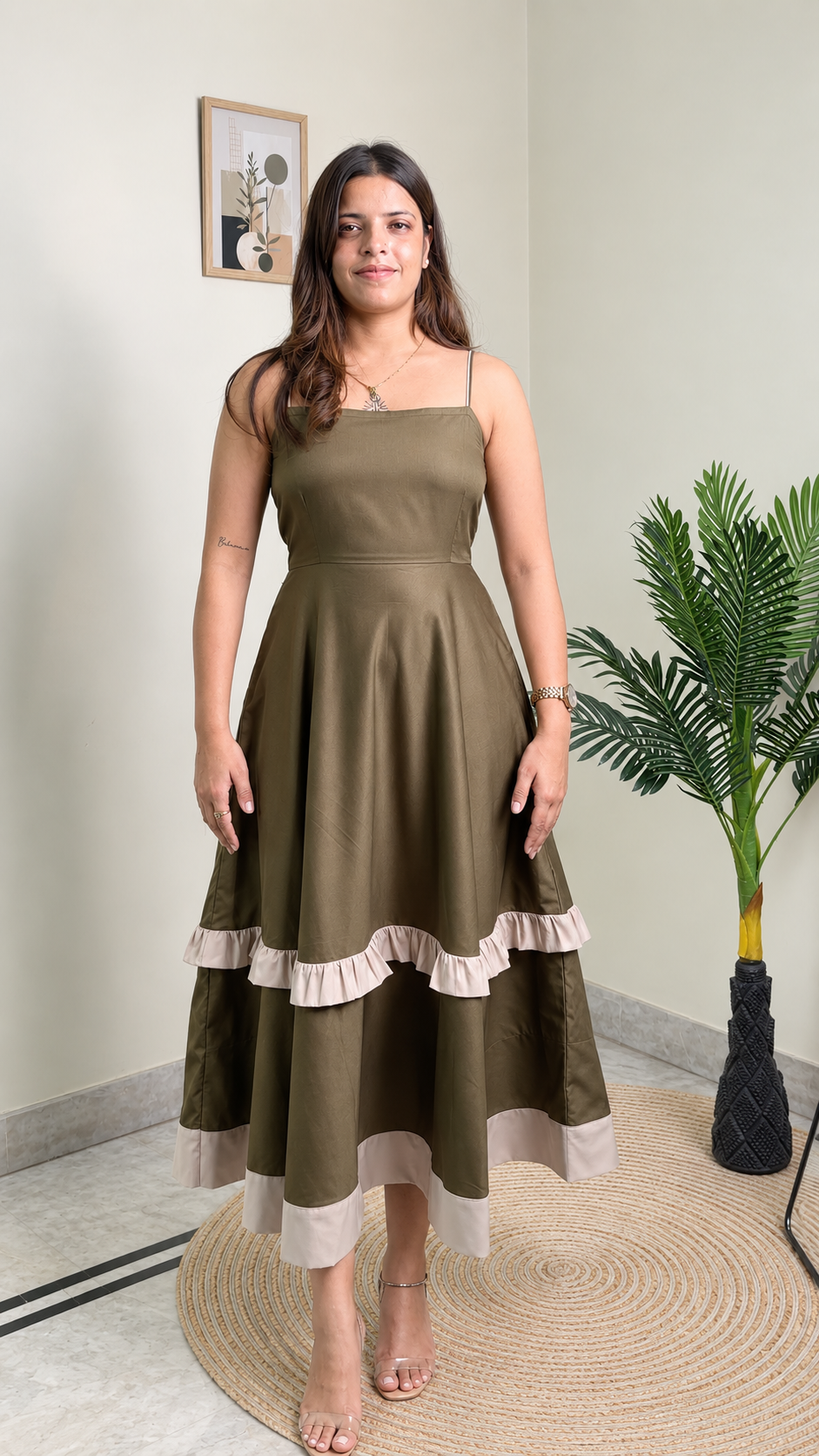 Olive Green Strappy Tiered Frill Midi Dress