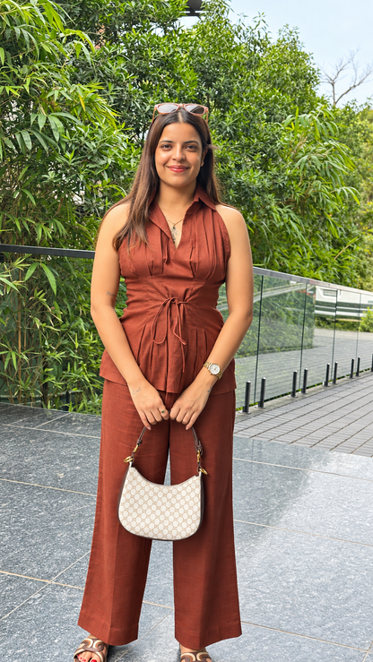 Rust Pleated Halter Top & Wide-Leg Pants Co-ord Set