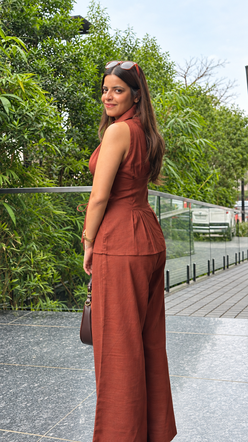 Rust Pleated Halter Top & Wide-Leg Pants Co-ord Set