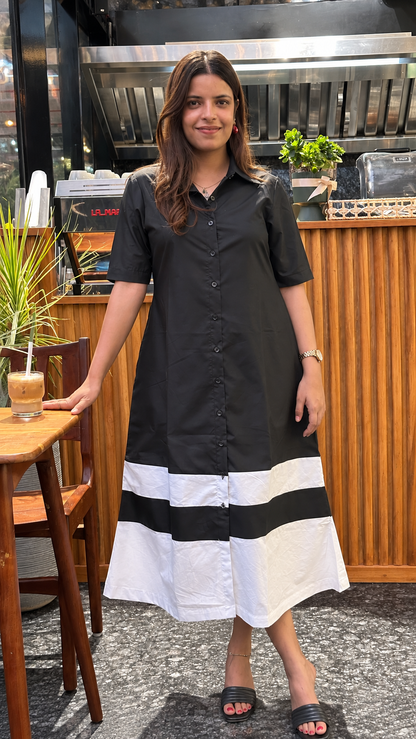 Black & White Colour-Block Collared Shirt Dress