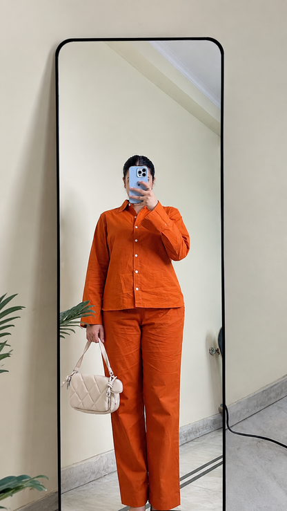 Rust Orange Cotton Shirt & Straight-Leg Pants Co-ord Set