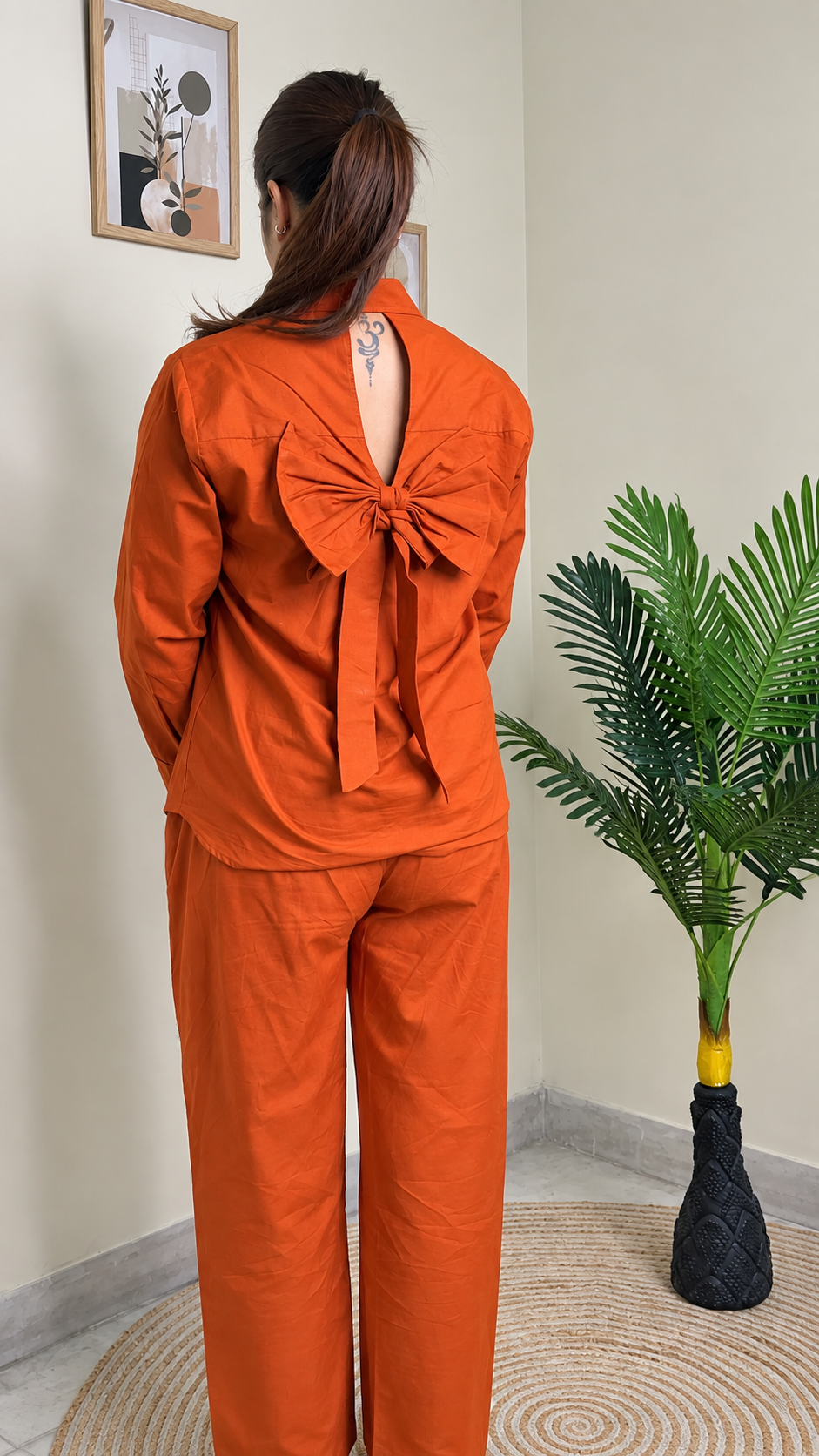 Rust Orange Cotton Shirt & Straight-Leg Pants Co-ord Set