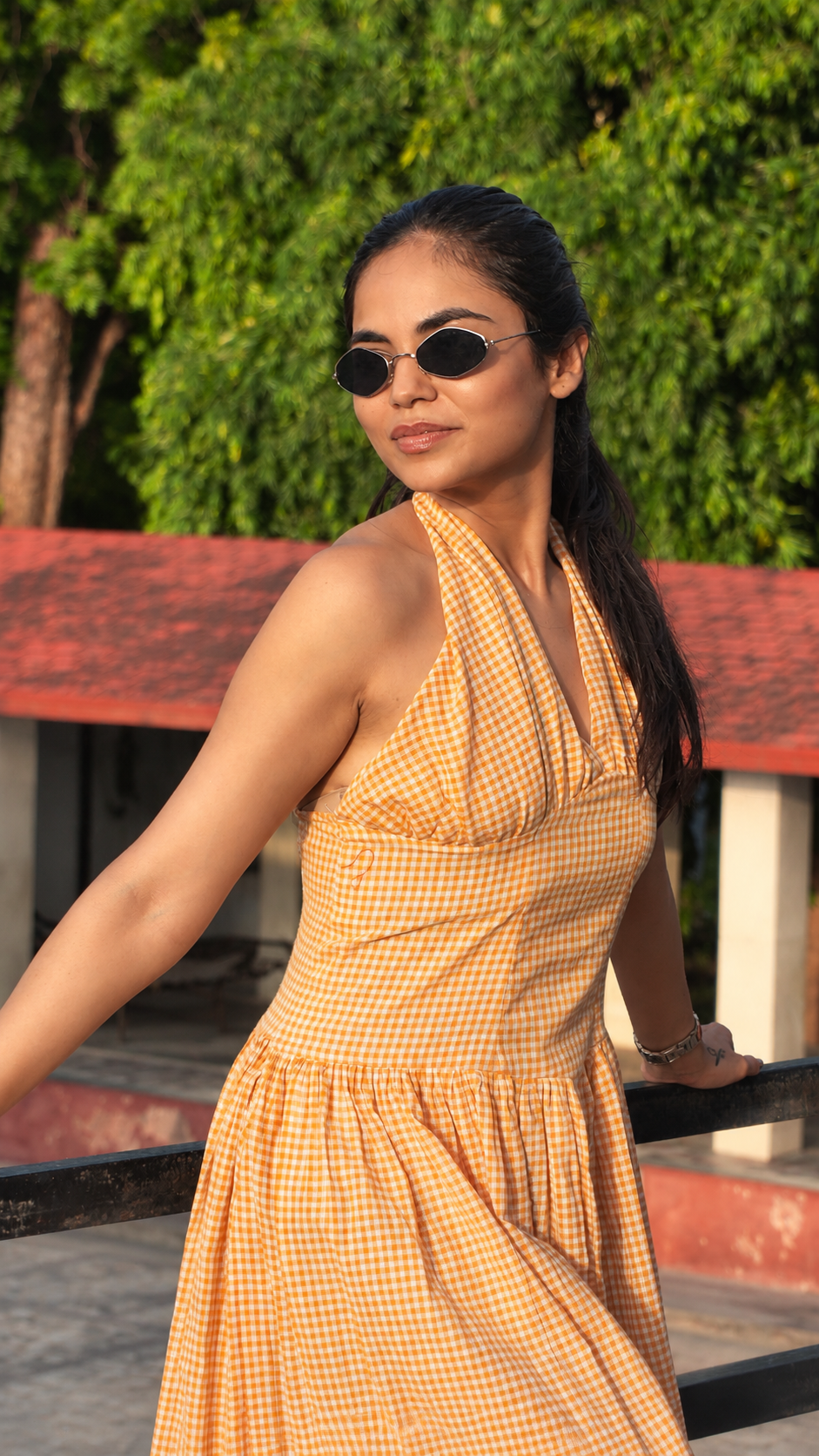 Orange Gingham Halter-Neck Lace-Up Back Maxi Dress
