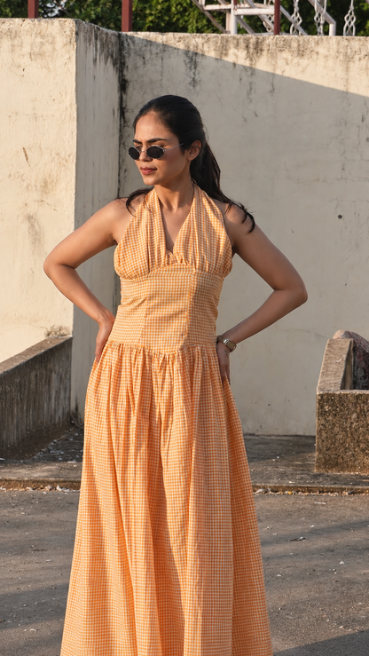 Orange Gingham Halter-Neck Lace-Up Back Maxi Dress