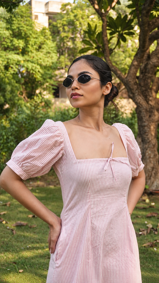 Baby Pink Gingham Puff-Sleeve Square-Neck Midi Dress