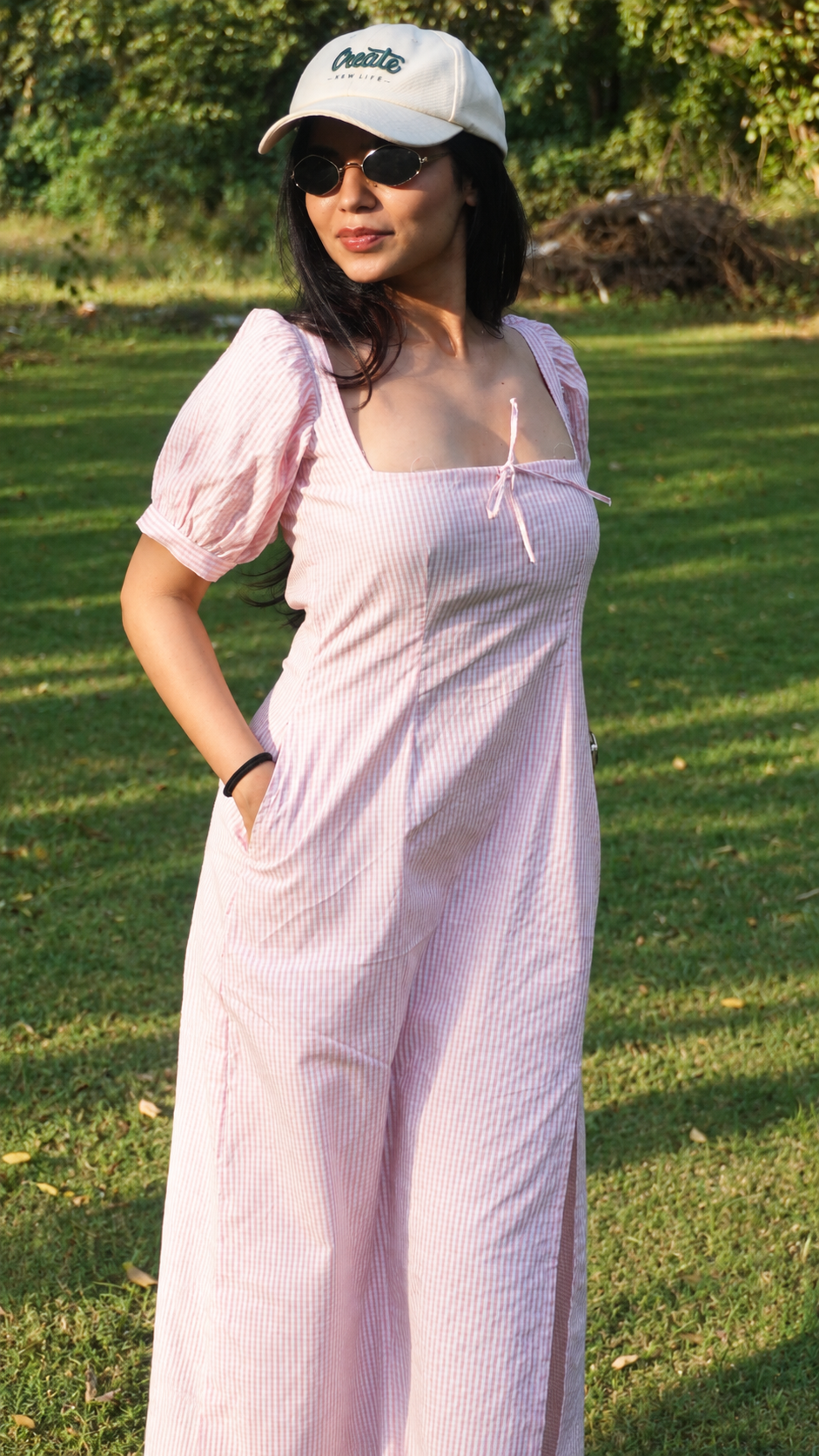 Baby Pink Gingham Puff-Sleeve Square-Neck Midi Dress