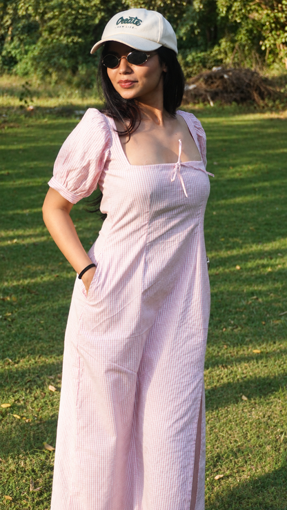 Baby Pink Gingham Puff-Sleeve Square-Neck Midi Dress