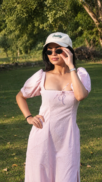 Baby Pink Gingham Puff-Sleeve Square-Neck Midi Dress