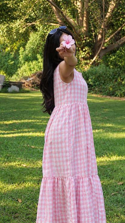 Pink Gingham Sleeveless Tiered Midi Dress