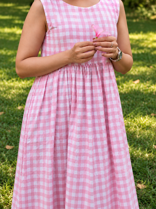 Pink Gingham Sleeveless Tiered Midi Dress