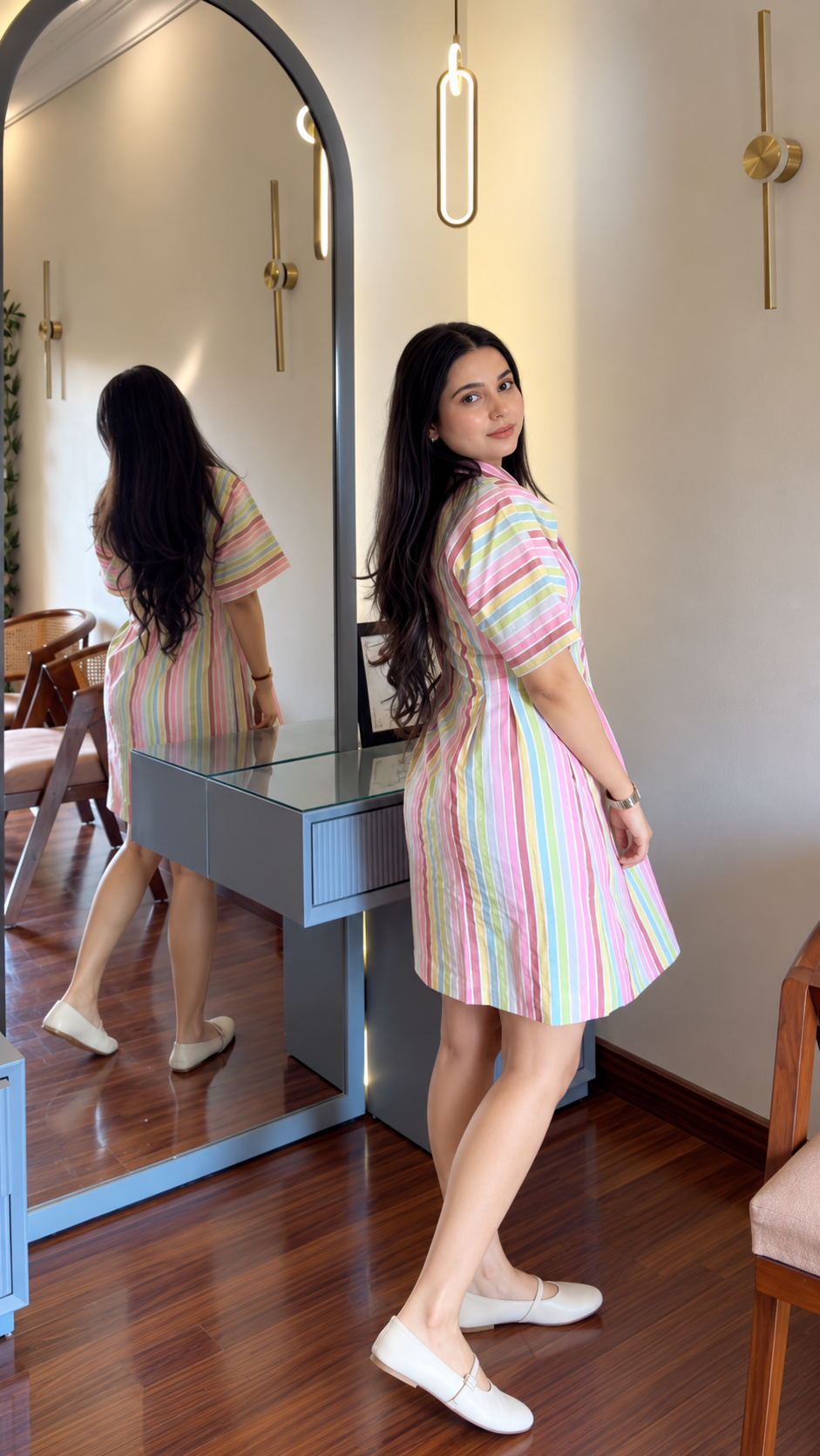 Pastel Rainbow Stripe Collared Shirt Dress