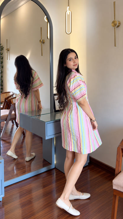 Pastel Rainbow Stripe Collared Shirt Dress