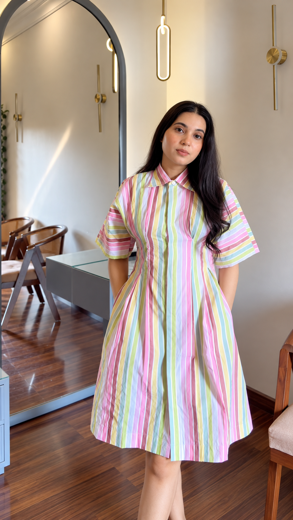 Pastel Rainbow Stripe Collared Shirt Dress