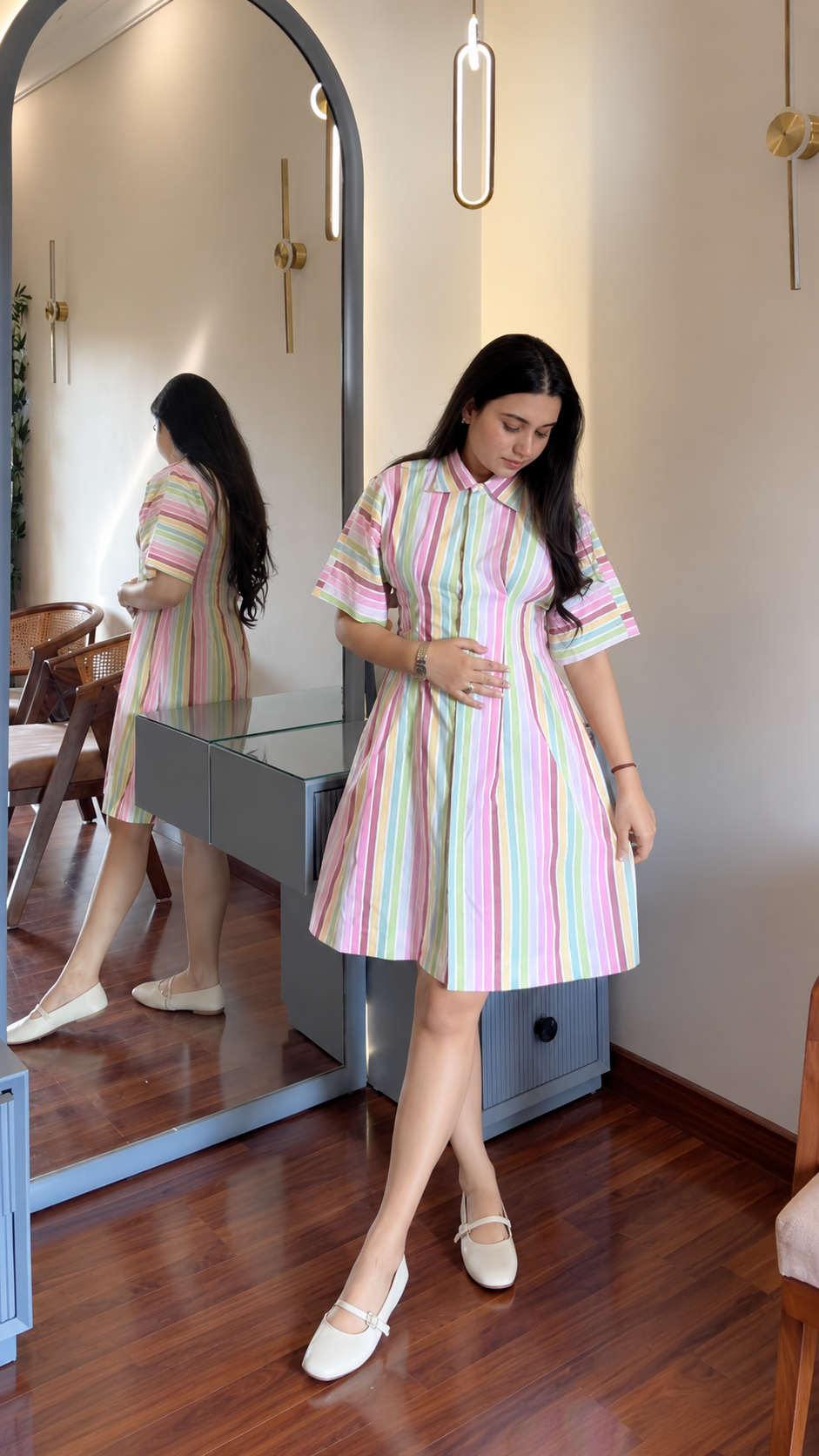 Pastel Rainbow Stripe Collared Shirt Dress