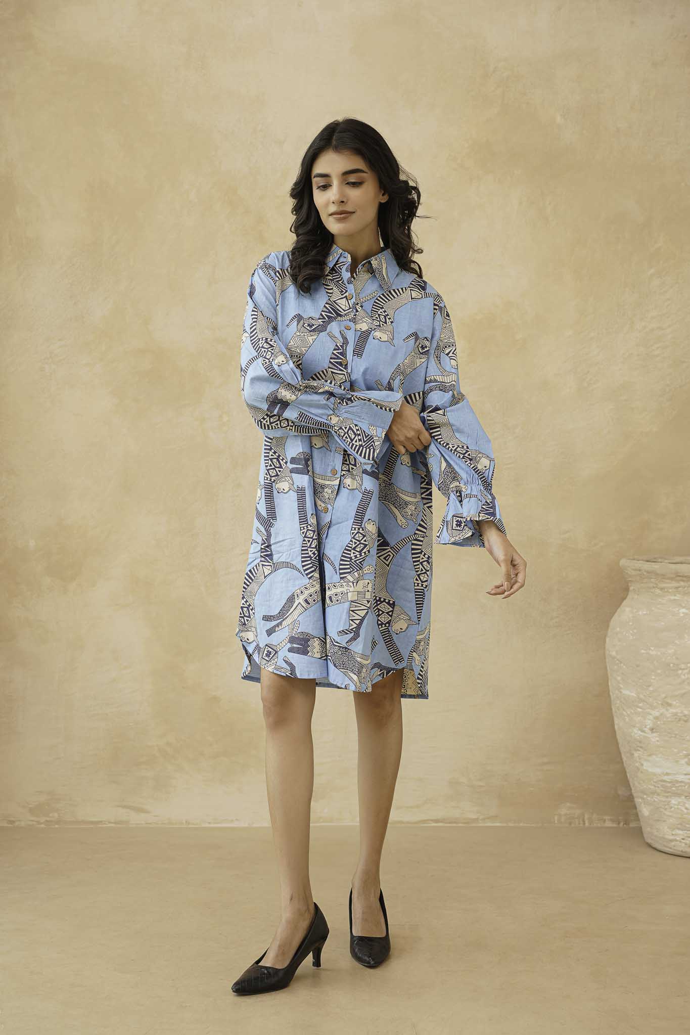 Sphynx Cat Print Cotton Vintage Shirt Dress
