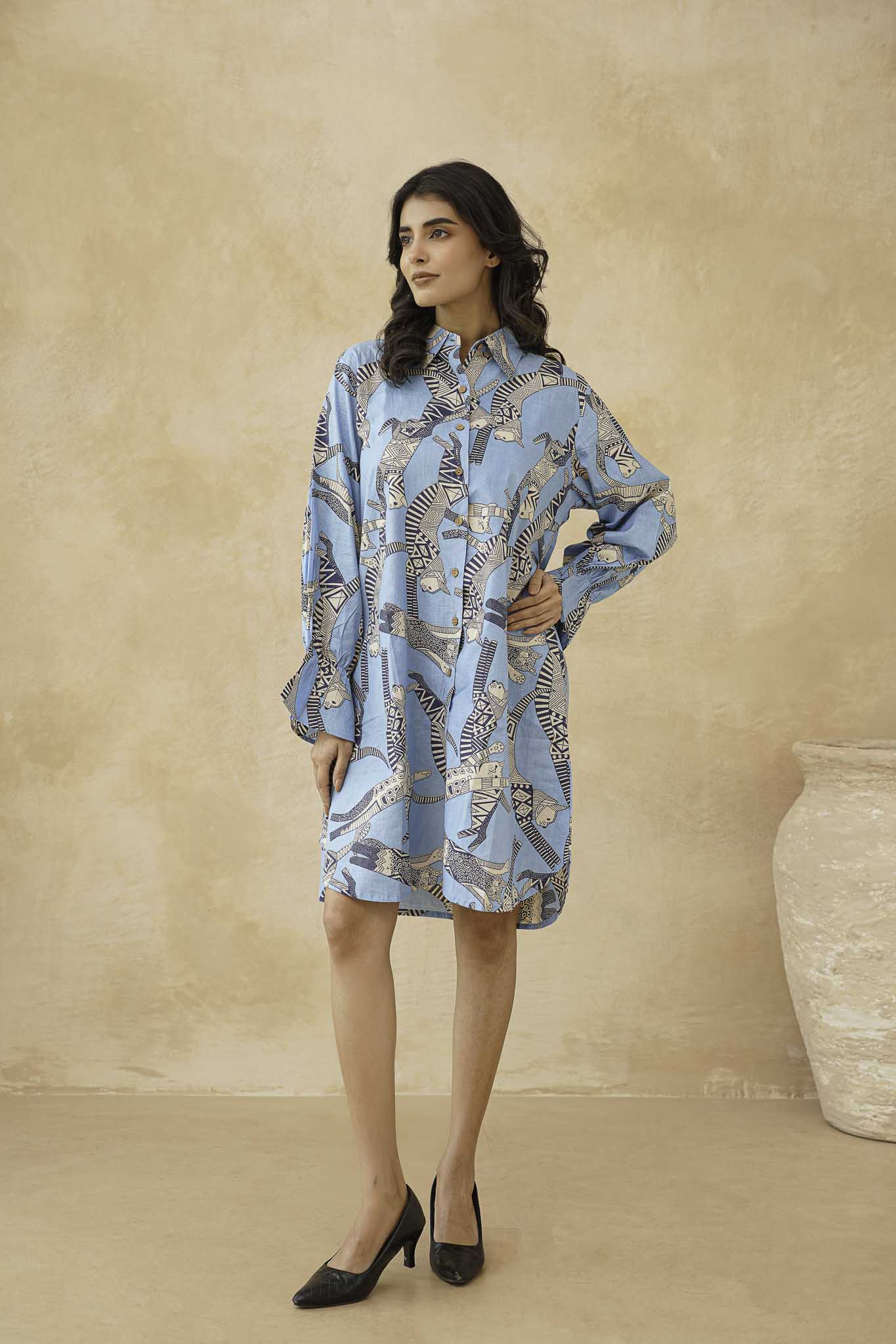 Sphynx Cat Print Cotton Vintage Shirt Dress