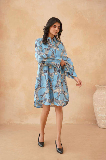 Sphynx Cat Print Cotton Vintage Shirt Dress