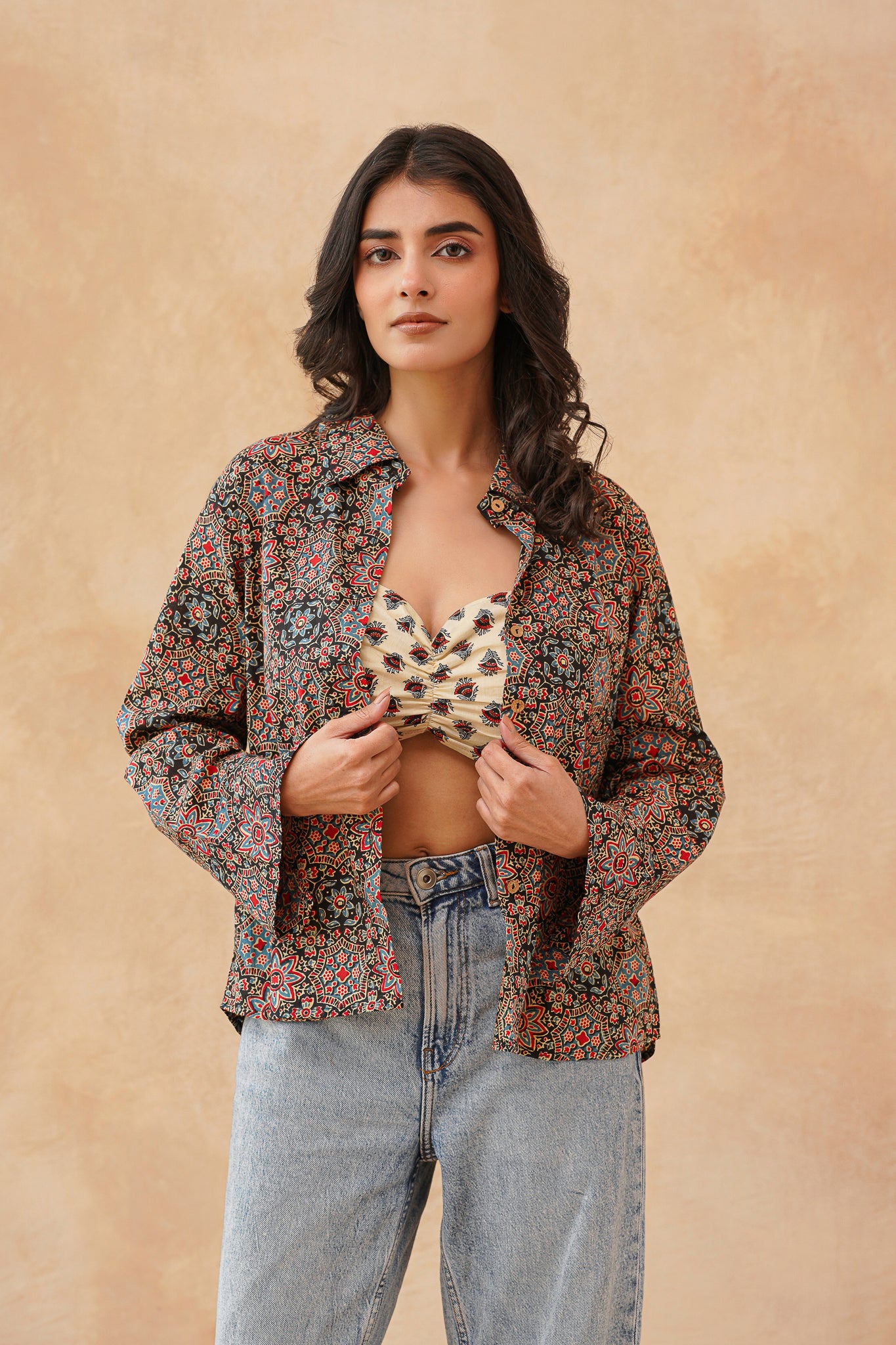 Crop Top with  Kajrakh  Print Shirt