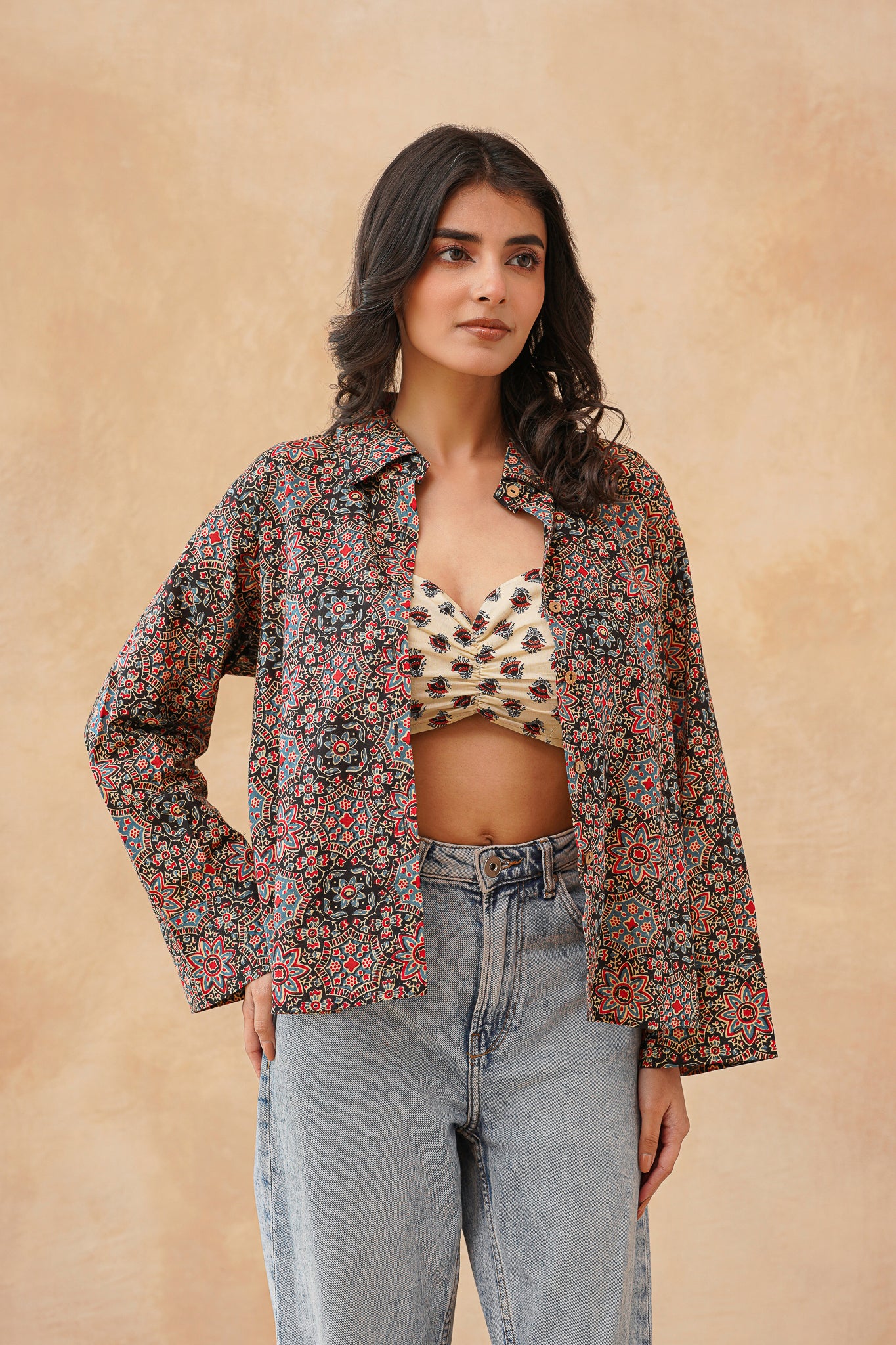 Crop Top with  Kajrakh  Print Shirt