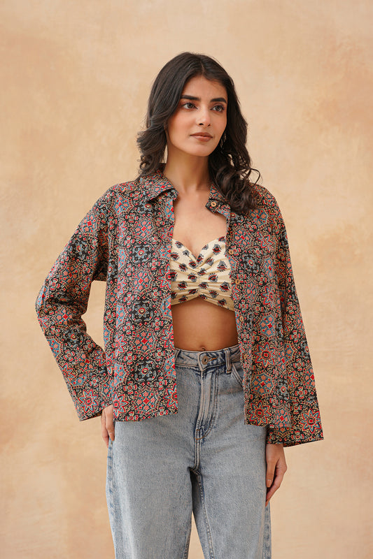 Crop Top with  Kajrakh  Print Shirt