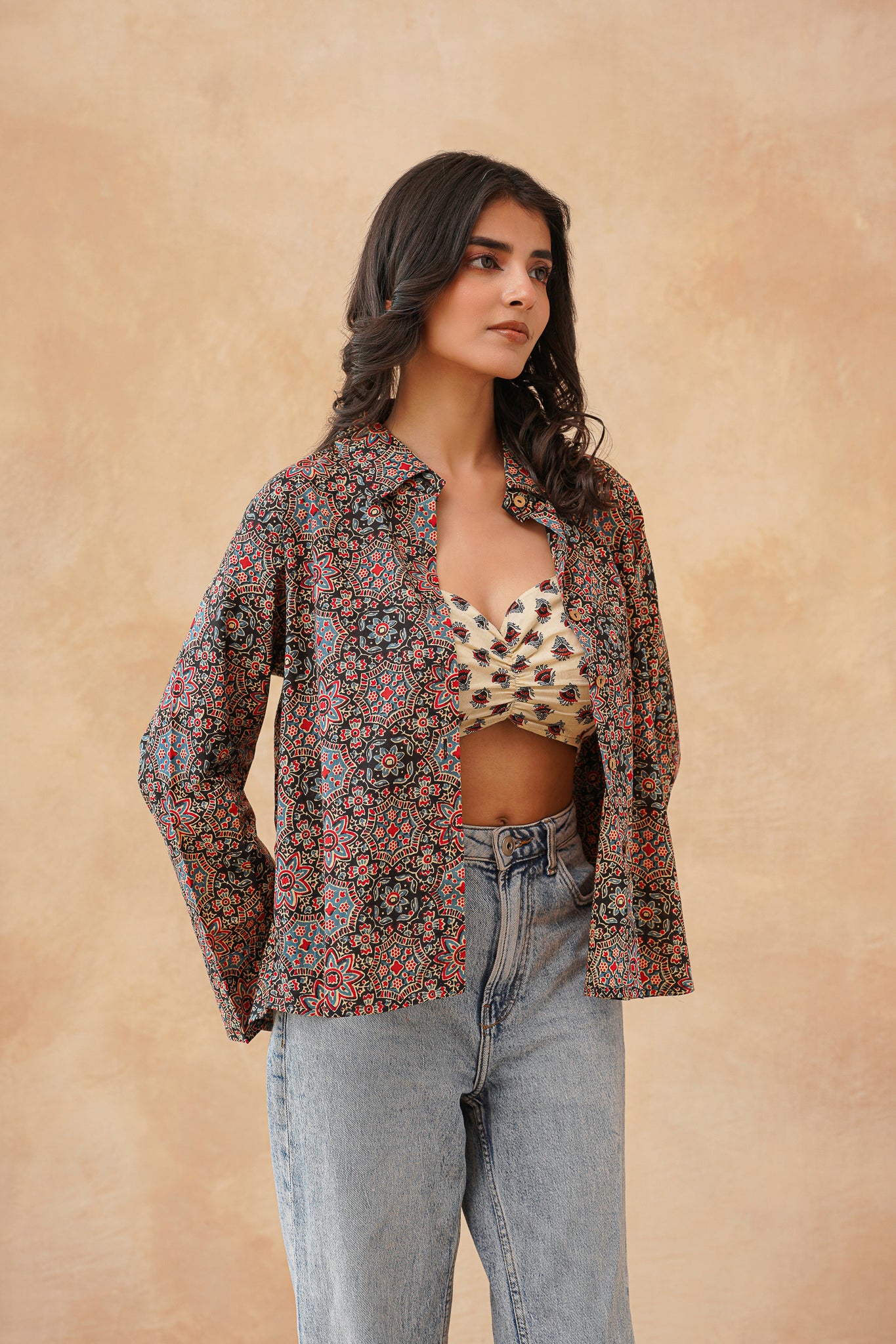 Crop Top with  Kajrakh  Print Shirt