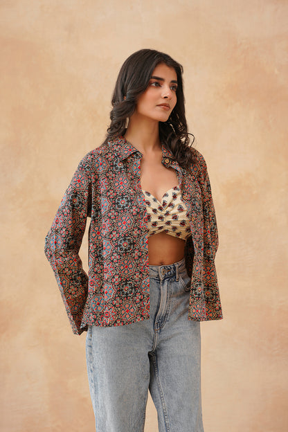Crop Top with  Kajrakh  Print Shirt