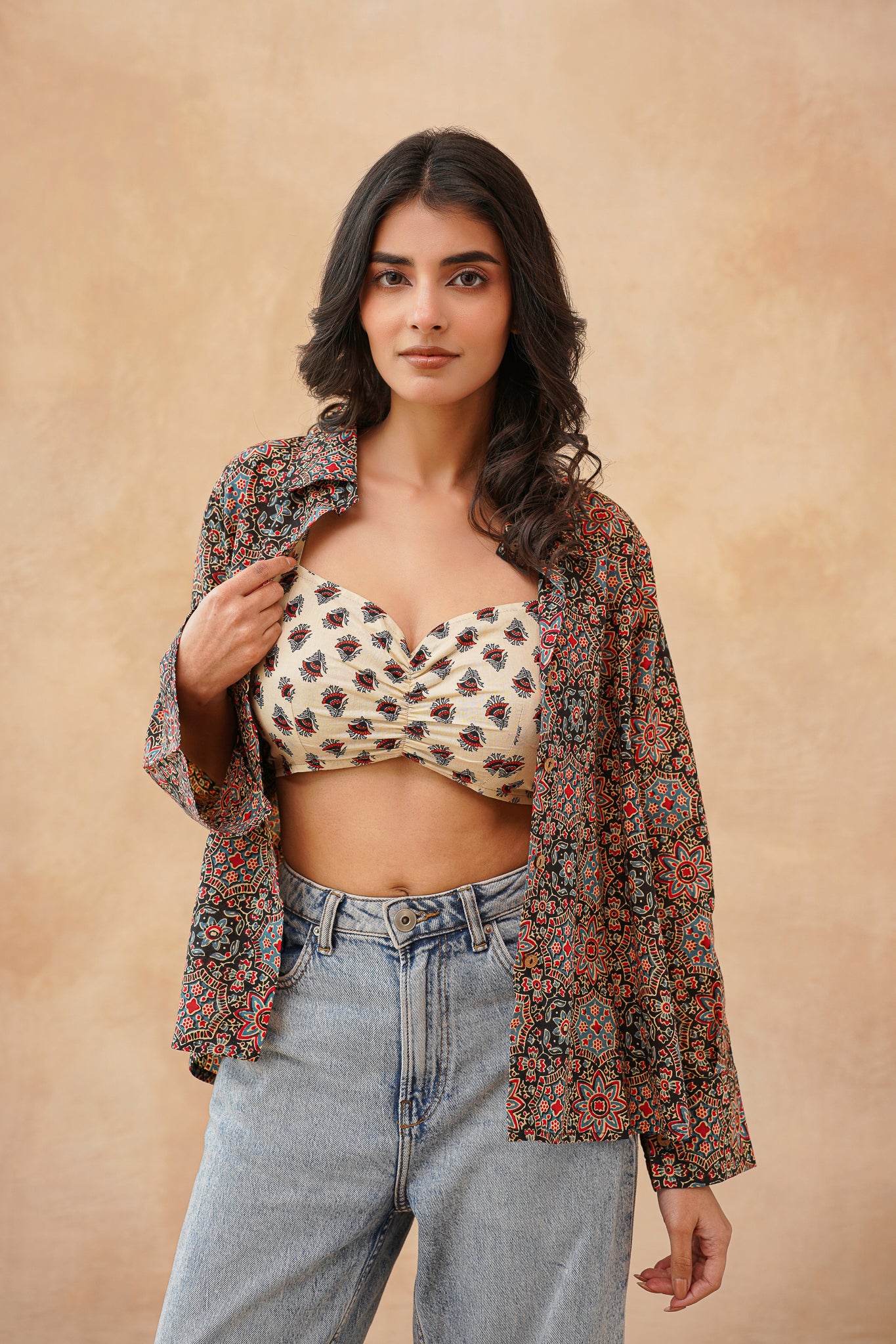 Crop Top with  Kajrakh  Print Shirt