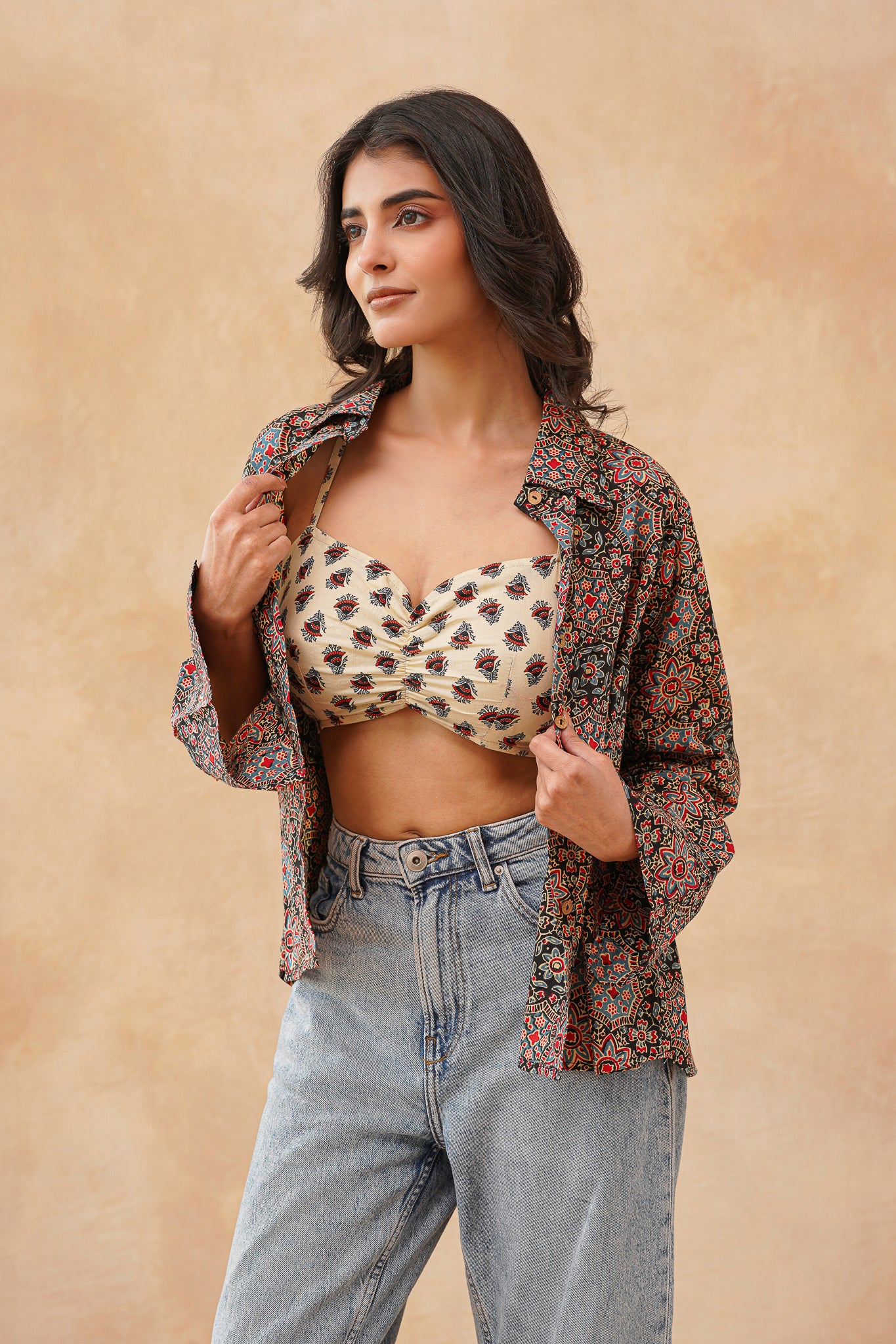 Crop Top with  Kajrakh  Print Shirt