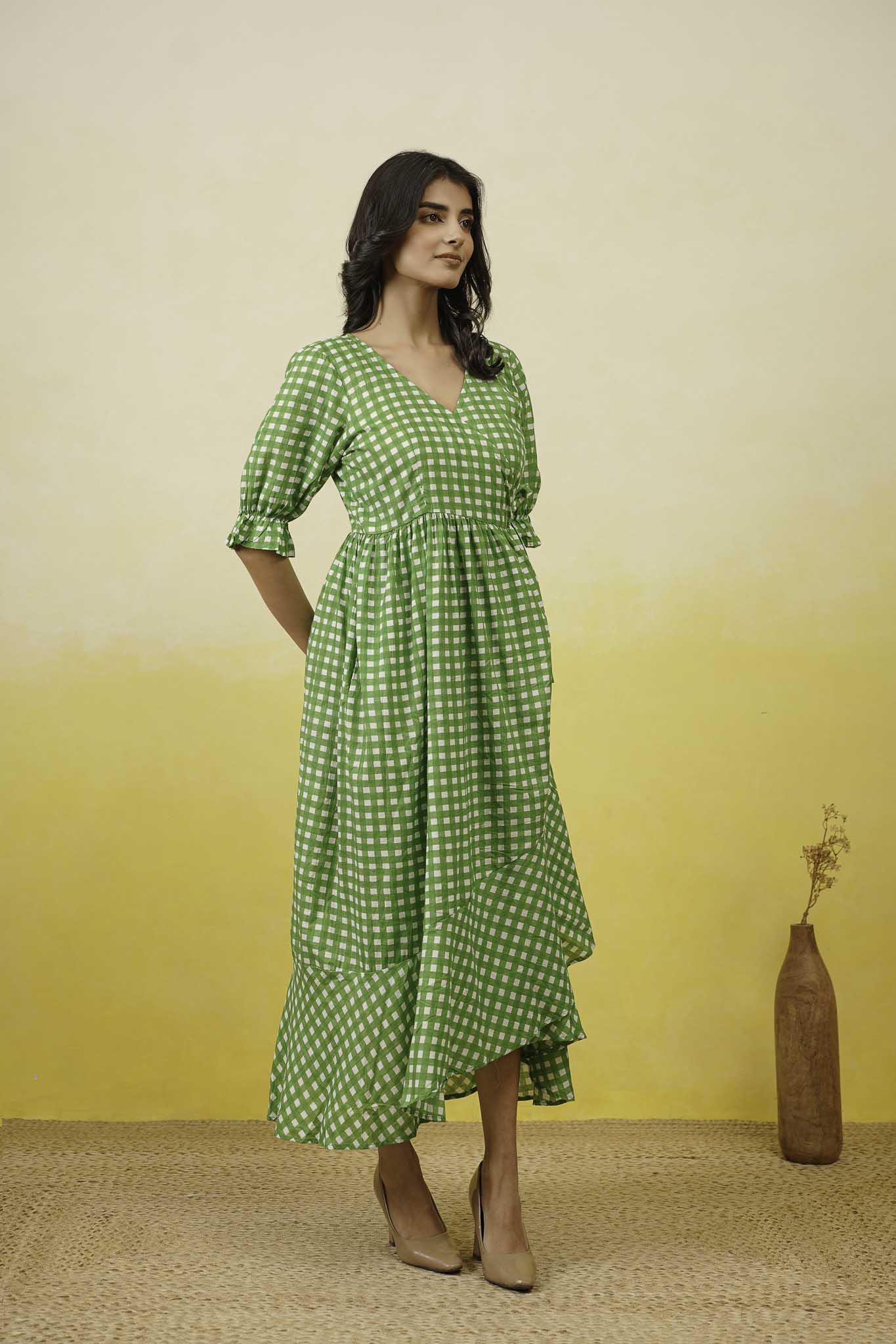 Green Gingham Layerd Dress