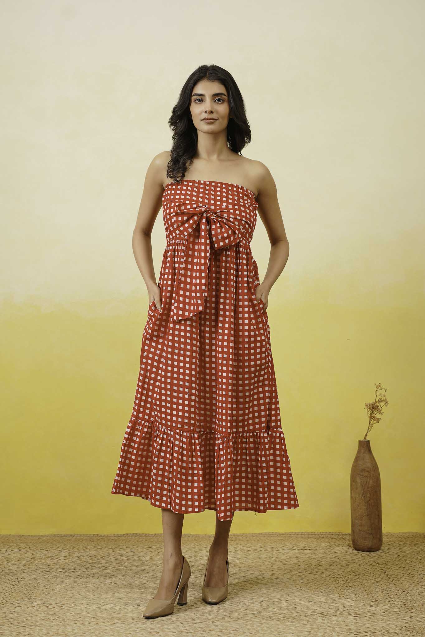 Red Gingham Off Shoulder Long Dress
