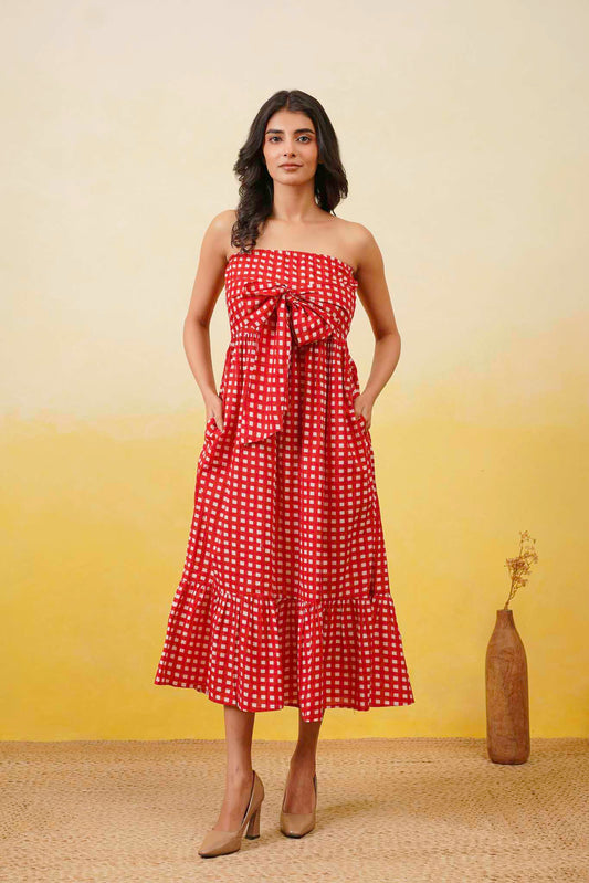Red Gingham Off Shoulder Long Dress